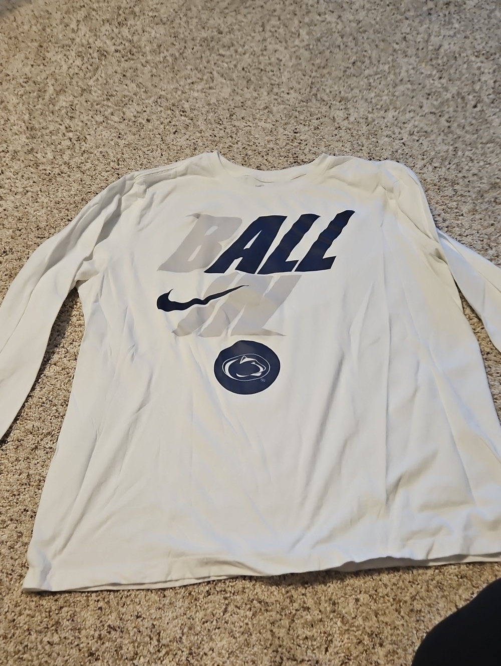 Nike White Long Sleeve 'BALL' Graphic Tee with Navy Accents